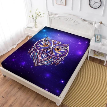 

Colorful Animal Owl Print Bed Sheet Purple Galaxy Fitted Sheet Twin Full King Queen Bedclothes Deep Pocket Mattress Cover D35