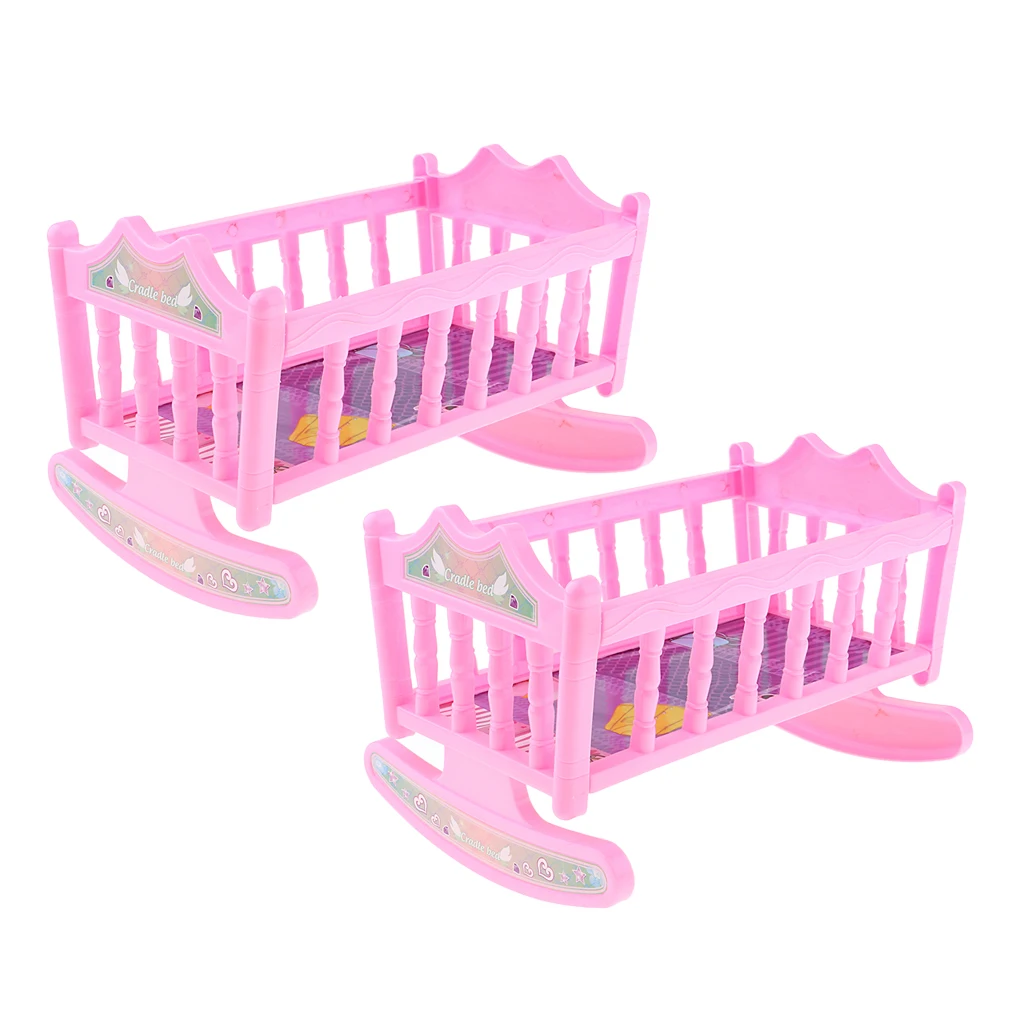 2pcs Cute Plastic Rocking Bed Nursery Room Furniture Accessory for 20cm Baby Dolls Pretend Play Pink