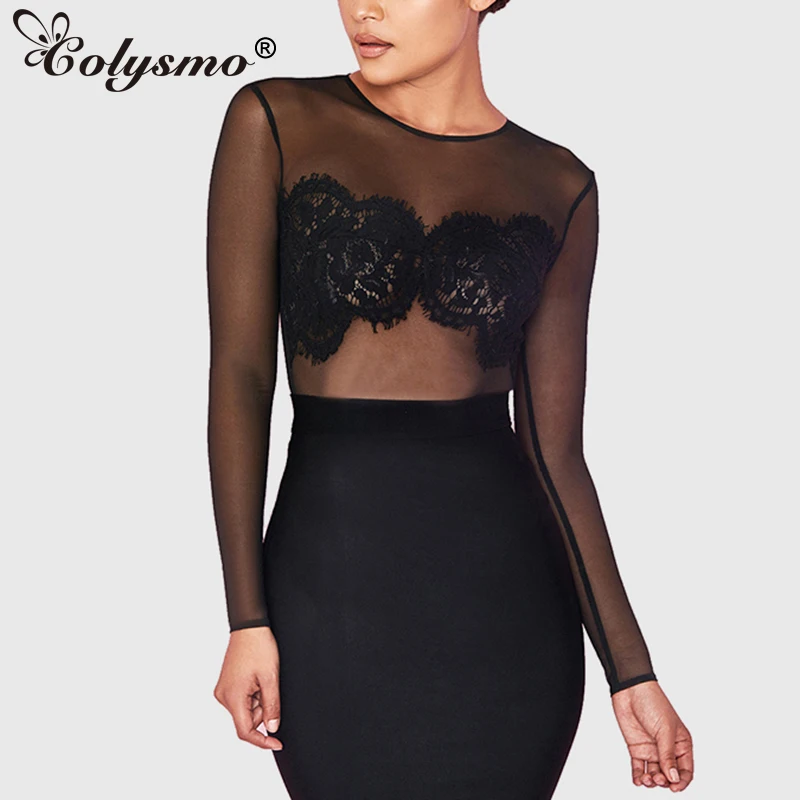 

Colysmo Long Sleeve Sexy Jumpsuit Mesh Lace Bodysuit Women Jumpsuits Top Sheer Rompers Womens Jumpsuit Playsuit Body Women Tops