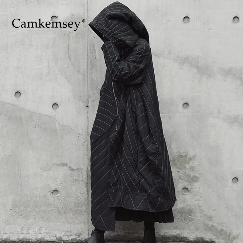 CamKemsey, зимнее пальто для женщин, Осеннее, с длинным рукавом, в черную полоску, свободное, большой размер, с капюшоном, длинная куртка для женщин, теплый пуховик, хлопковые парки