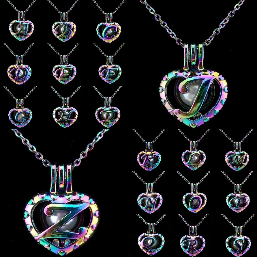 

Rainbow Alphabet 26 Letters A-Z Beads Cage Essential Oil Diffuser Aroma Pearl Cage Locket Necklace Kids Women Girl Gift