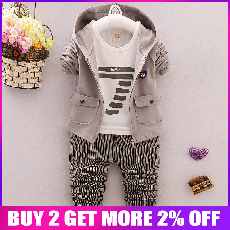 

BibiCola 2018 spring autumn baby boy clothing sets 3pcs T-shirt+Hoodie Jacket+Striped pants toddler boys Outfit Tracksuit