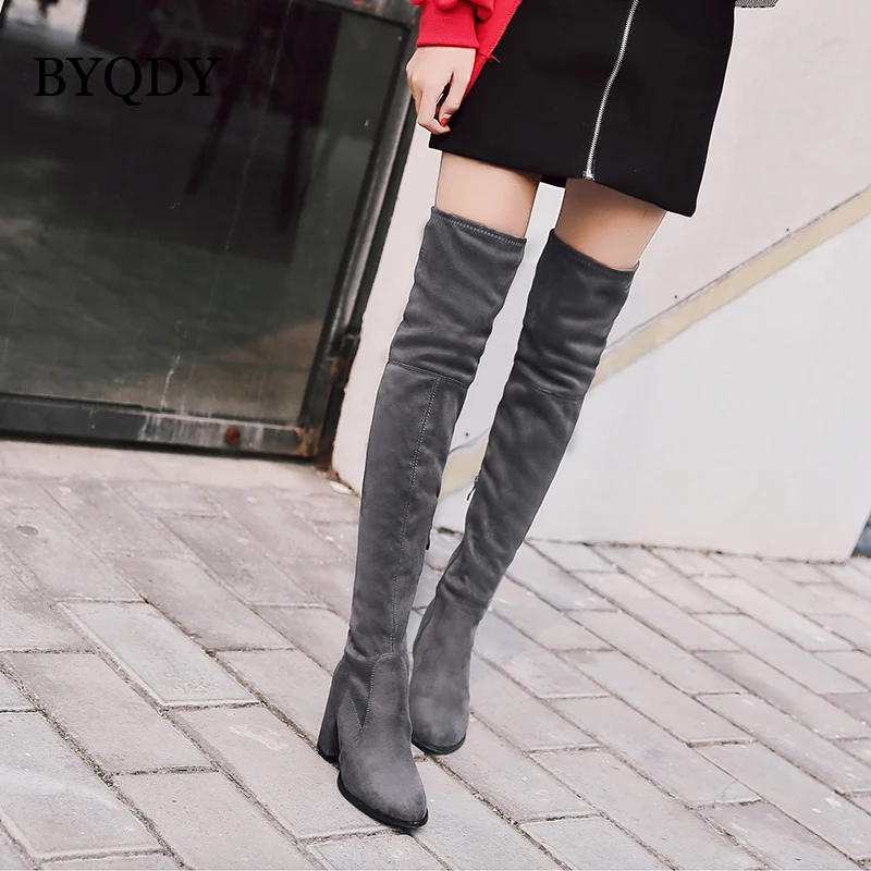 

BYQDY Spring Autumn Ladies Shoes Party Women Boots High Heel Flock Over the Knee High Boots Suede Women 2018 Fashion Winter Shoe