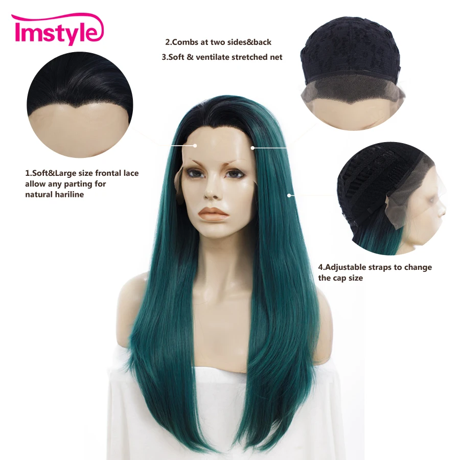 Imstyle синтетический парик фронта шнурка темно корень зеленый цвет парики прямые