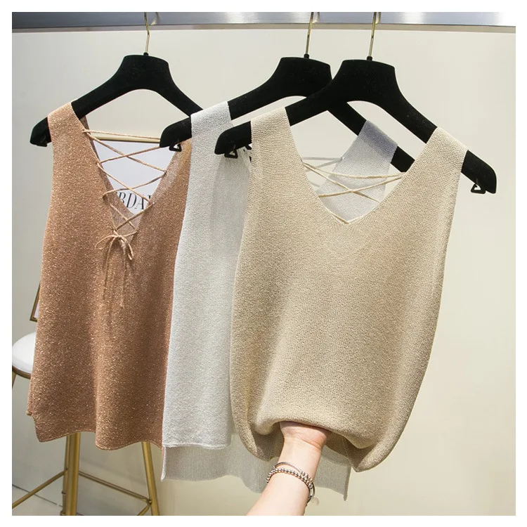 

Female T-shirt 2019 Gold And Silver Silk Silk Bandages Foreign Bright Silk Wear Thin Ice Silk Knit Bottoming Shirt Vest Female