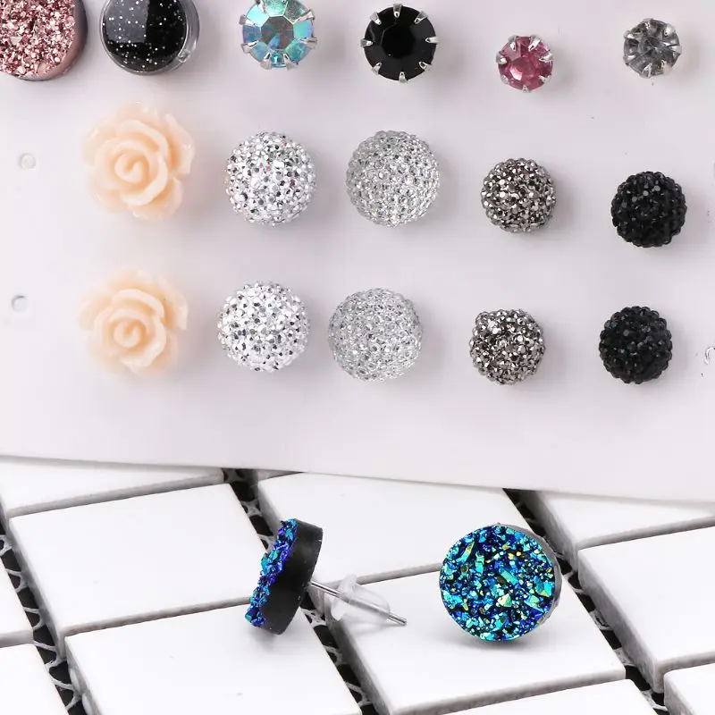 12 пар модные женские серьги Ассорти кристаллы Druzy камень смола Камень круглые