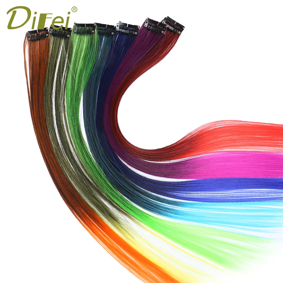 

DIFEI Long Straight Clip in One Piece High Temperature Synthetic Hair Extension Purple Pink Red Blue Rose Colorful for Women