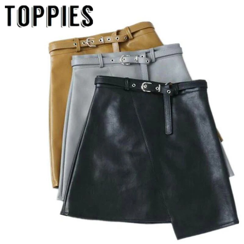 Cena 2019 zima kobiety PU skóra nieregularna spódnica z paskiem wysokiej talii Slim Faux skórzane spódnice Feminina Vestidos