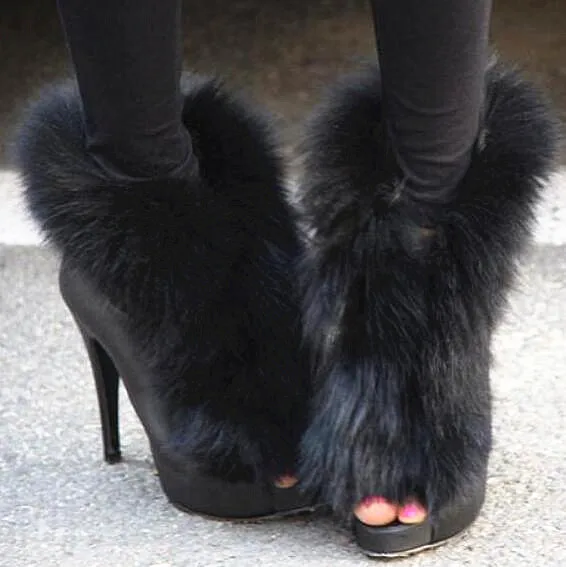 

2019 Newest Sexy Black Fur Peep Toe Women Ankle Boots High Heels Street Outfit Dress Short Booties Shoes Woman Back Zipper