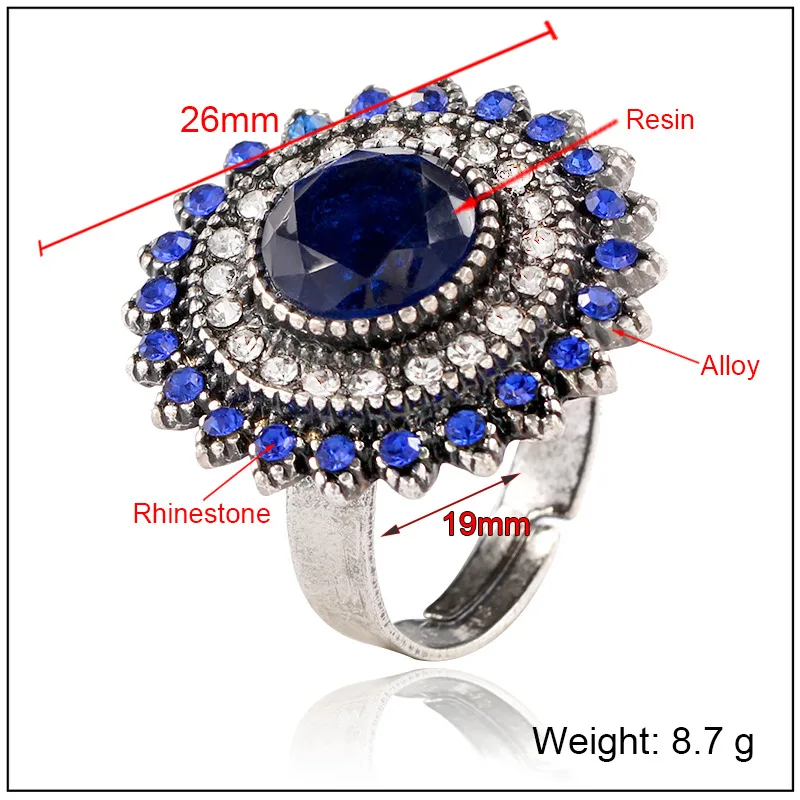 5 цветов Роскошные женские кольца черный синий камень кольцо Античный Серебристый Круглый Открытый регулируемый Бохо массивные вечерние индийские ювелирные изделия