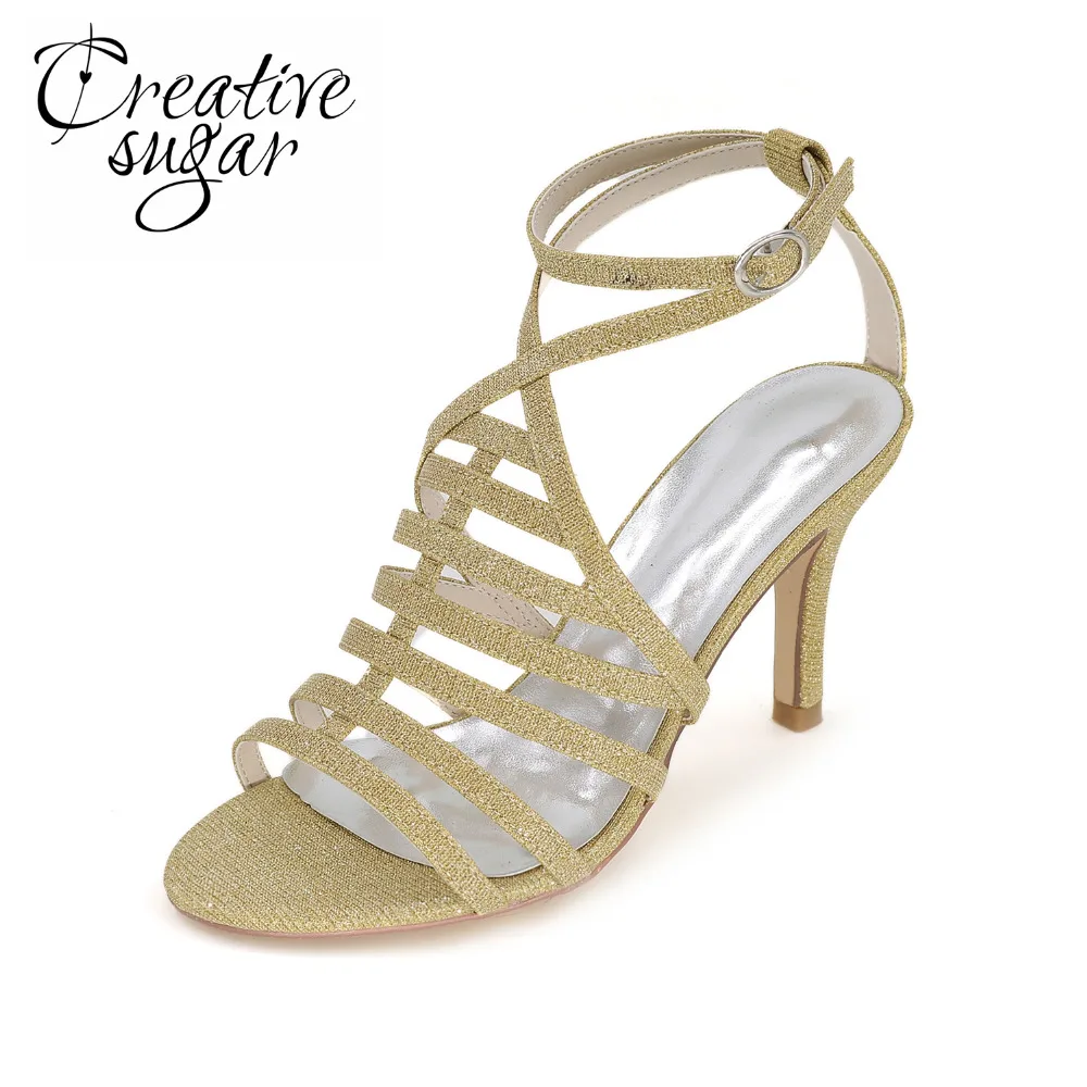 

Creativesugar Sexy thin bands glitter bling lady sandals 8.5cm heel summer dress shoes ankle strap hees silver black blue red