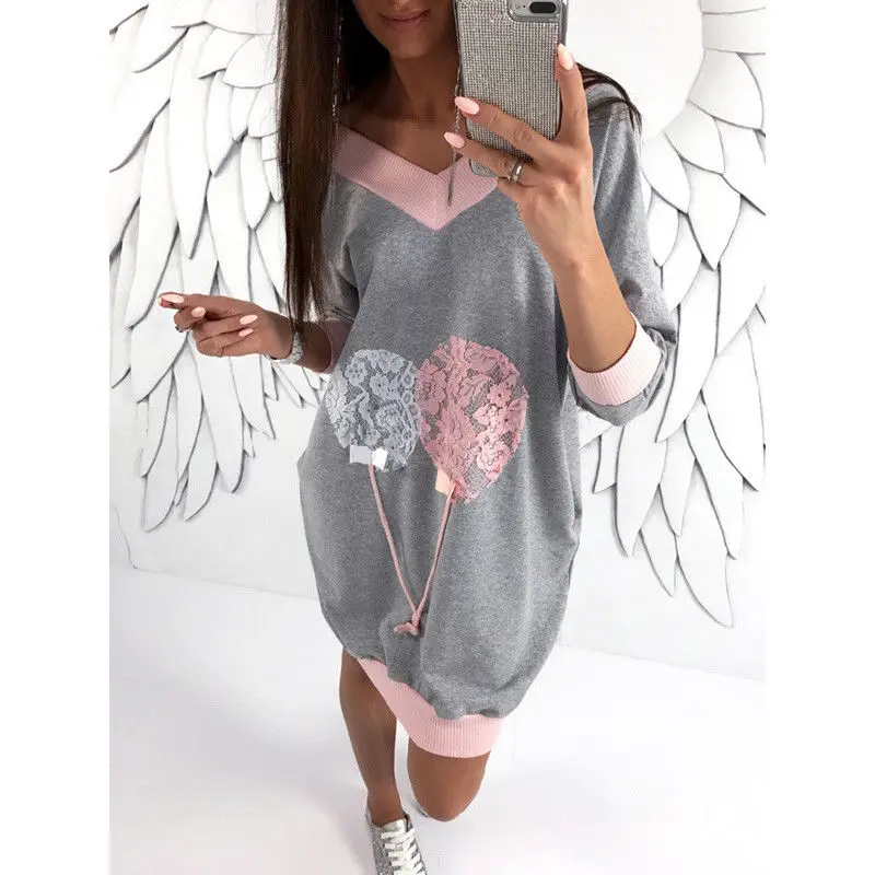 

2018 new casual autumn Women Dandelion Floral printed long Sleeve V-Neck Loose mini Dress Pullover fashion female loose dresses