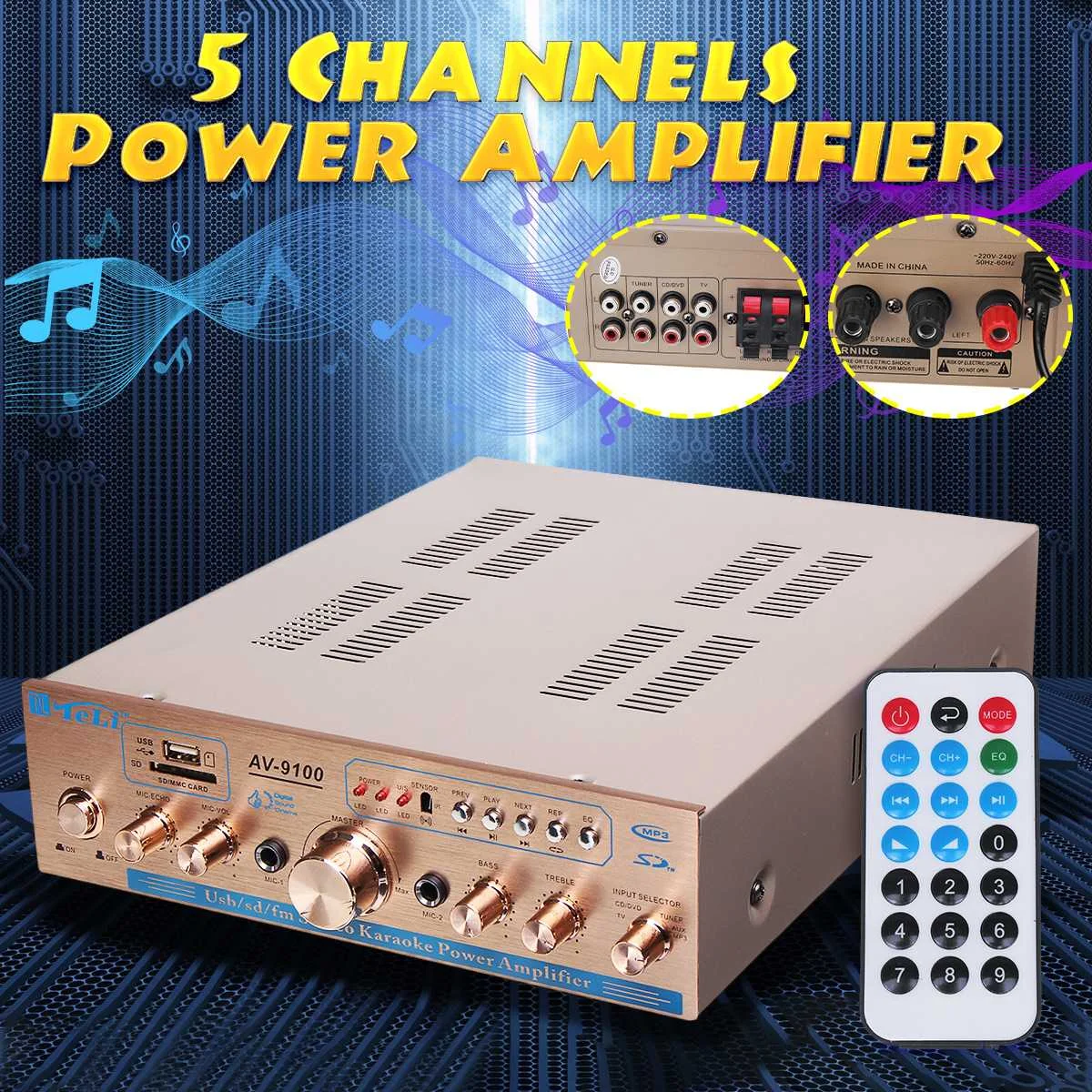 

5 Channel HiFi Home Theater Amplifiers Car High Power AV Audio Amplifier Stereo Sound Music Player FM Radio with Remote Control