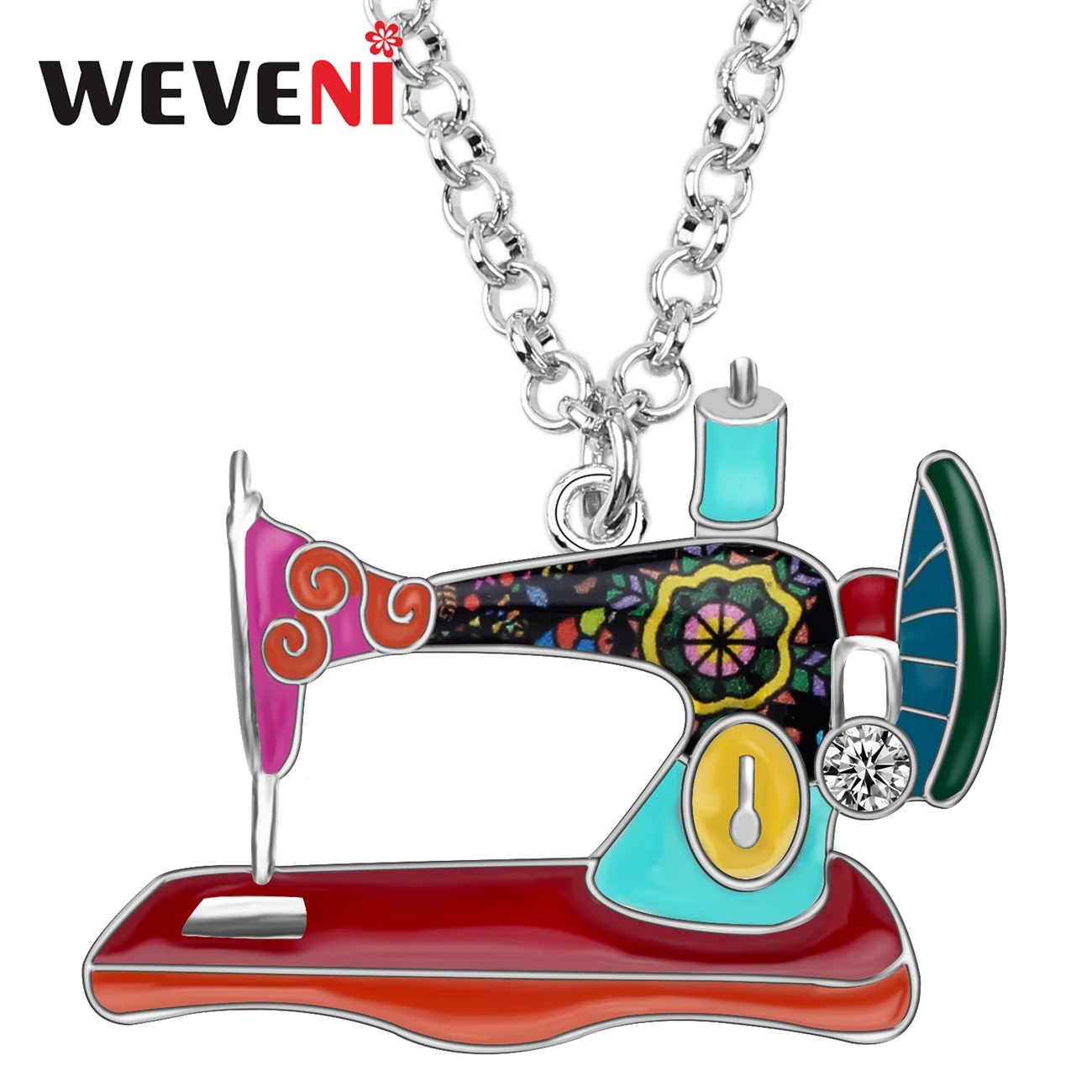 WEVENI Enamel Alloy Rhinestone Sewing Machine Necklace Pendant Choker Tools Clothes Decoration Jewelry For Women Girls Gift New | Украшения