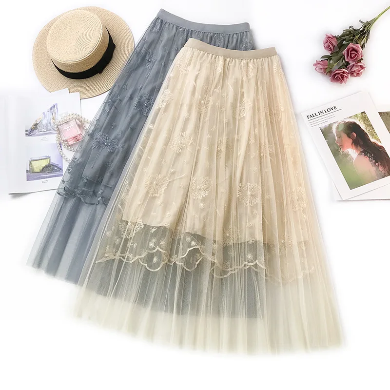 Floral Embroidery Pleated Skirt High Quality Beading Lace Mesh Skirt Women Elegant Tulle Long Skirt Summer Woemn pleated Skirt Floral Embroidery Pleated Skirt High Quality Beading Lace Mesh Skirt Women Elegant Tulle Long Skirt Summer Woemn pleated Skirt