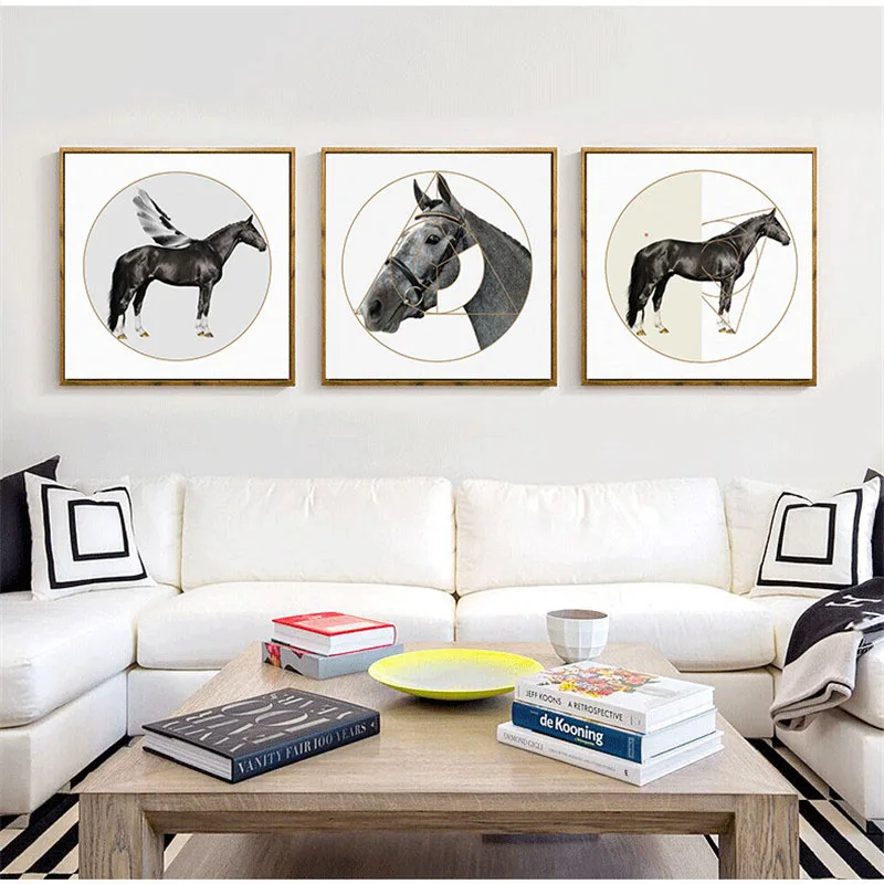 

HAOCHU Nordic Animal Decorative Painting Horse Geometry Round Home Living Room Bedroom Study Wall Art Canvas Print Poster Mural