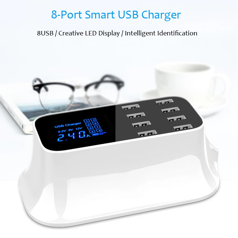 Universal 8-Port Smart USB Charger Station LED Display Mobile Phone Charger For Xiaomi iPhone Desktop Wall Charger Power Adapter