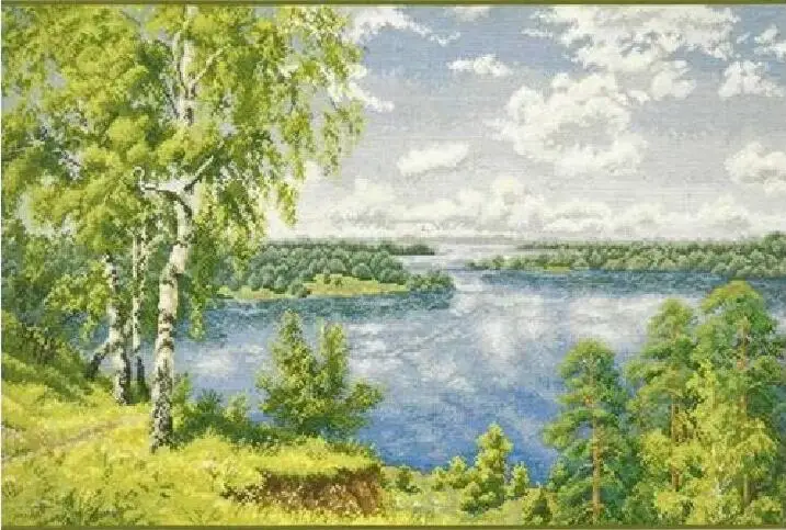 cs-2253 Cross Stitch Kit On the River Oven Forest Lake Birch Tree Trees