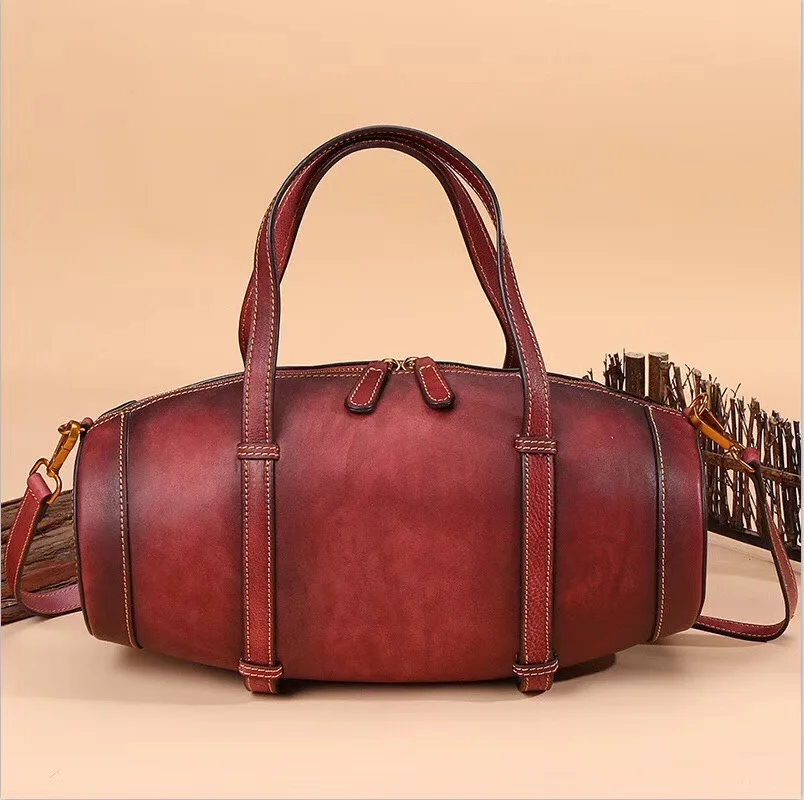 

Vintage Handmade Drum Designer Genuine Cow Leather Women Fashion Designer Women Top-handle Handbag Lady Purse Female Bags