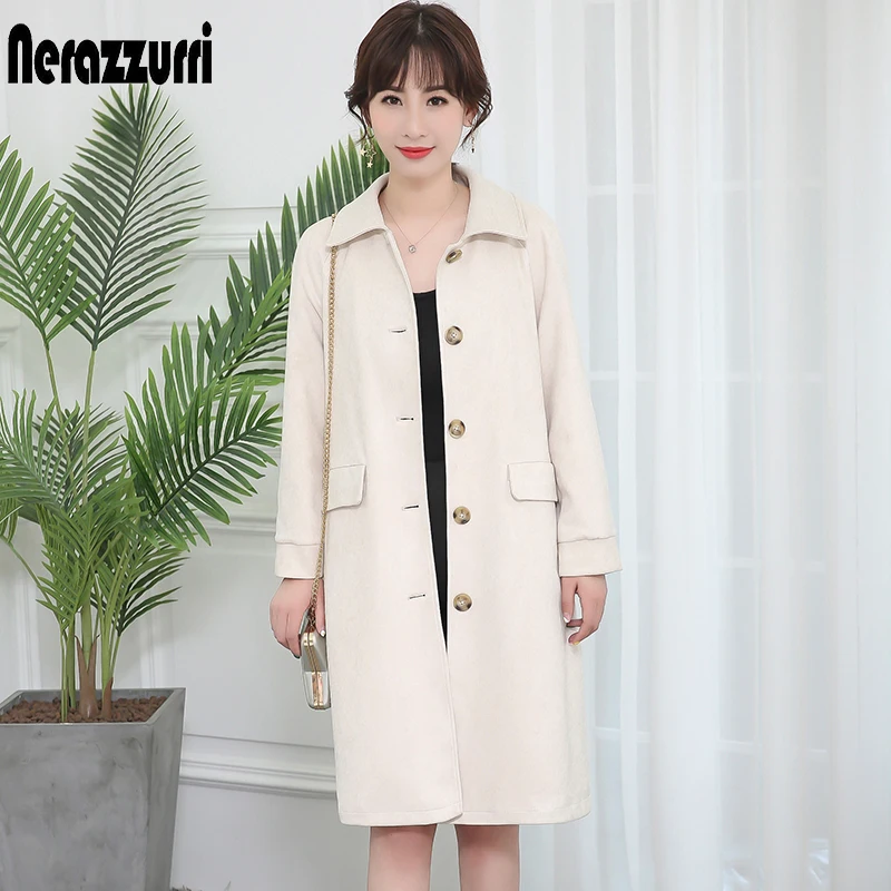 

Nerazzurri trench coat for women suede outwear raglan sleeve off white black with buttons and pockets big size faux leather coat