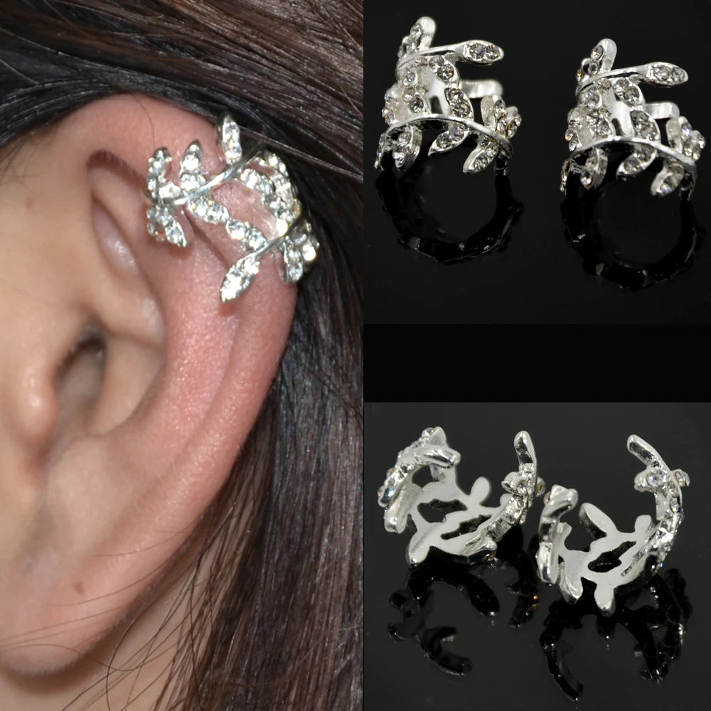 1pc Fashion CZ Gem Jeweled Leaf Ear Cuff Earring Non Ear Piercing Fake