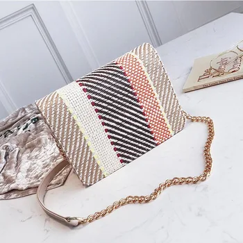 

Ins Style Summer Straw Weave Bag Lady Beach Holiday Chain Messenger Bags Small Flap Modern Women PU Leather Stripe Crossbody Bag