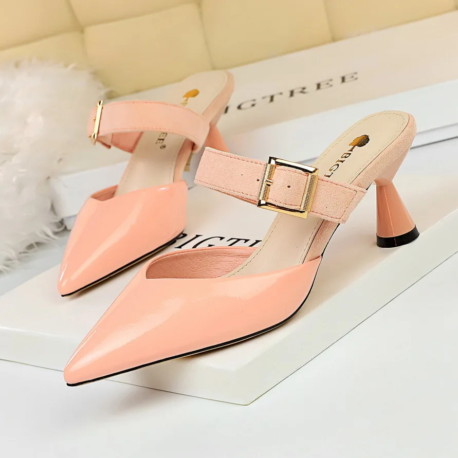

2019 Brand High Heels Slippers Pointed Toe Shoes for Women Slip-On Designers Summer Party Wedding Pumps Ladies Block Heel Shoes