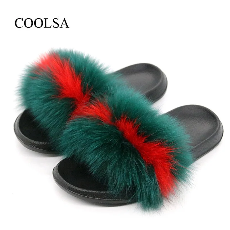 melhor COOLSA Chinelos Peludos das Mulheres Das Senhoras Bonito Cabelo Raposa de Pelúcia Chinelos Macios Chinelos de Pele das Mulheres Inverno Quente Chinelos para mulheres Quente