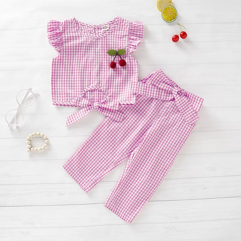 

2Pcs/Set Summer Baby Girls Casual Flare Sleeve Plaid Print T-shirt Tops With Cherry Design+Pants Suits Costume Set
