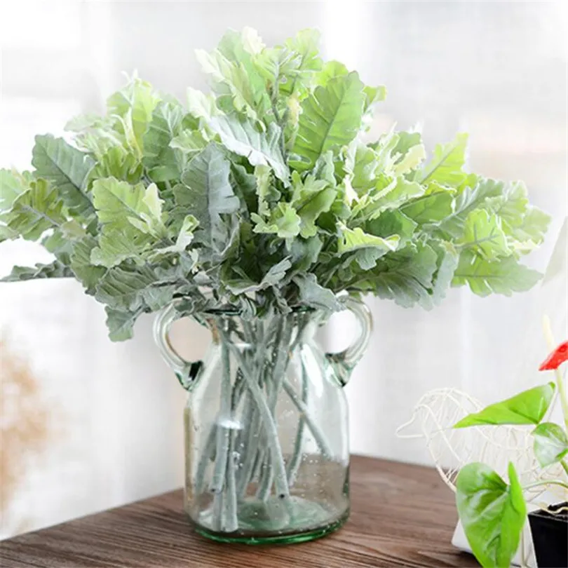

one Artificial Leaf Bunch Senecio cineraria DC Fake Flocking Dusty Miller Plant for Floral Arrangement Part Decoration