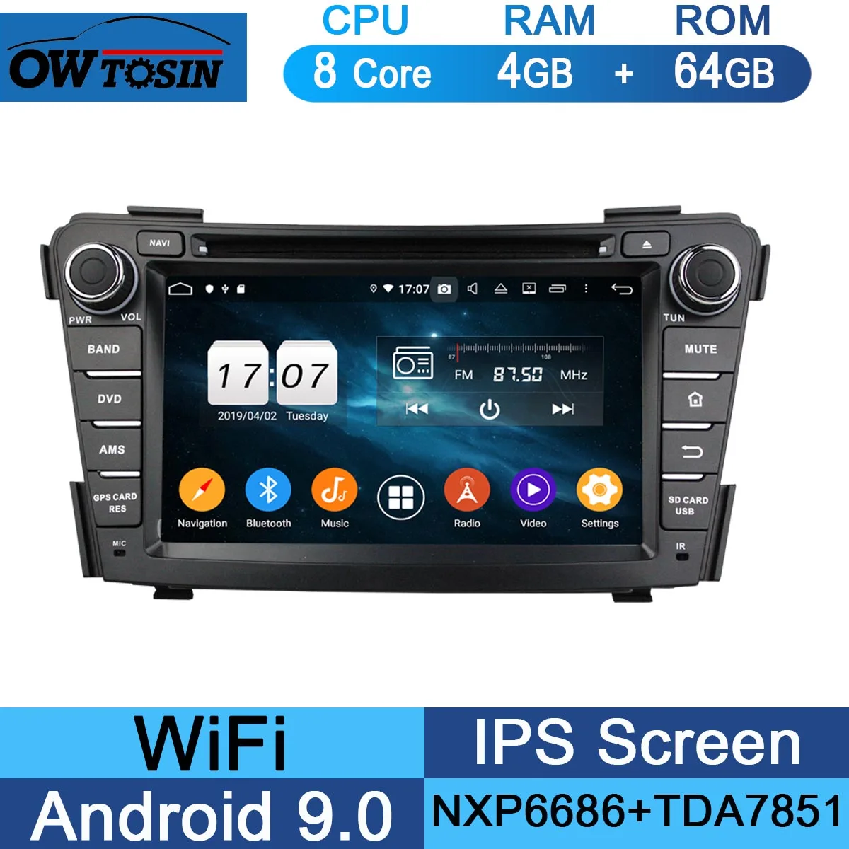 7"IPS 1024*600 Octa Core 4GB RAM+64GB ROM Android 9.0 Car DVD Player For Hyundai I40 2011 2012 2013 DSP Radio - Цвет: 64G