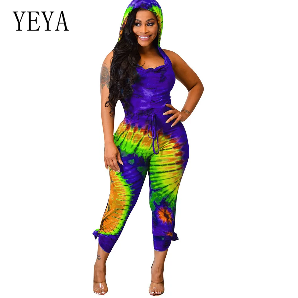 YEYA Rompers Casual Women's Hooded Sleeveless Tie-up Jumpsuits Fashion Tie Dyeing Bodycon Bandage Playsuits Women Combishort YEYA Rompers Casual Women's Hooded Sleeveless Tie-up Jumpsuits Fashion Tie Dyeing Bodycon Bandage Playsuits Women Combishort