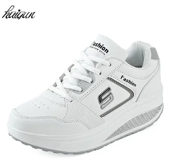 

New Breathable air mesh fitness slimming shoes women lace up platform casual shoes low top height increasing swing shoes