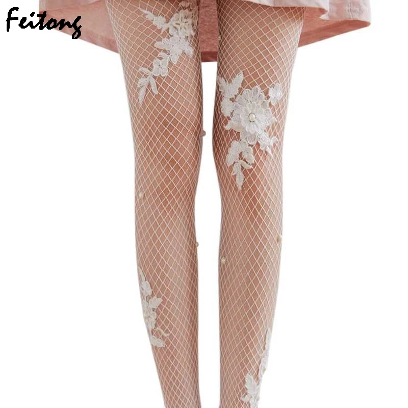 

Sexy Stockings New 2017 Women Thigh High Transparent Fishnet Silk Applique with Rose Flowers Stockings Lady Mesh Pantyhose