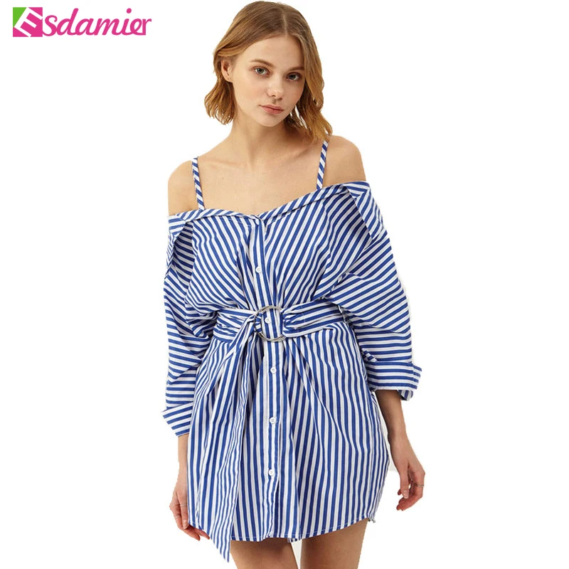 New Summer Striped Shirt Dress Off The Shoulder Loose Strap Women