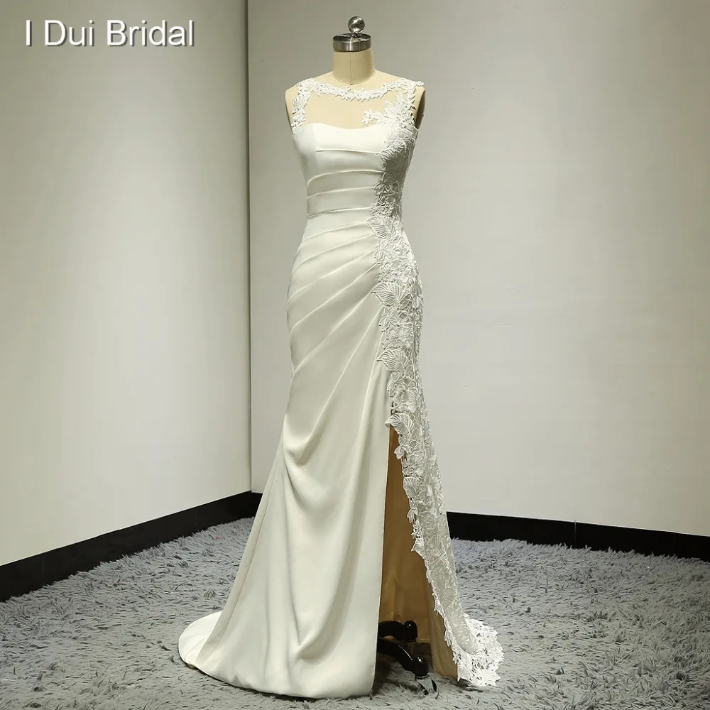 Cheap Illusion Tulle Lace Appliqued Sheath Wedding Dresses Unique Design Split Leg Assymetric Design Factory Custom Made ELS-008