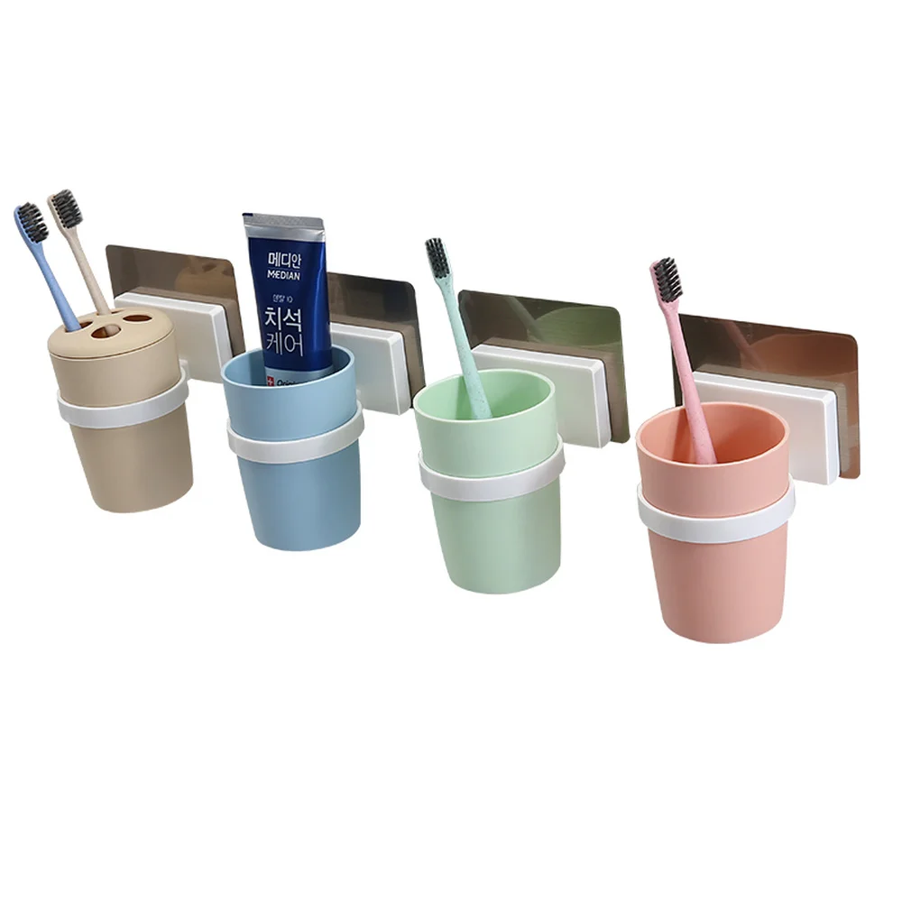 

Creative toothbrush holder mug cup toothbrush cup 4 piece set wall-mounted bathroom suction wall brush cup holder LO720611