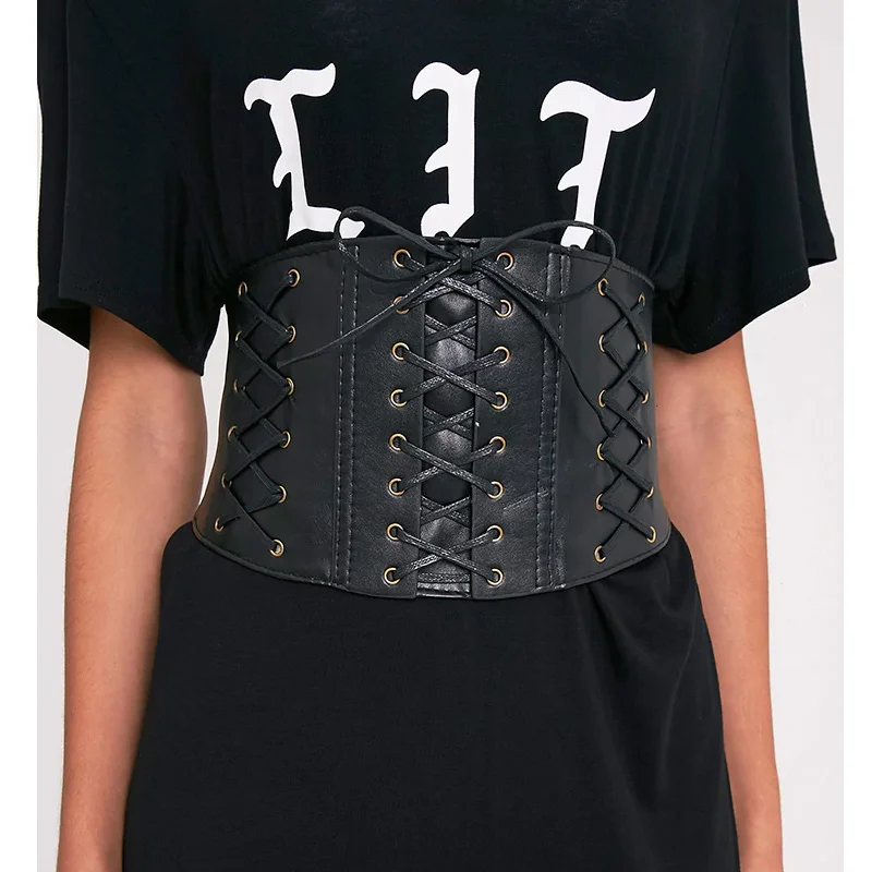 

2019 Vintage Lace Up Waist Belts For Women Pu Leather Corset Belt Cross Hollow Out Elastic Bandage Wide Belt Waistband Black