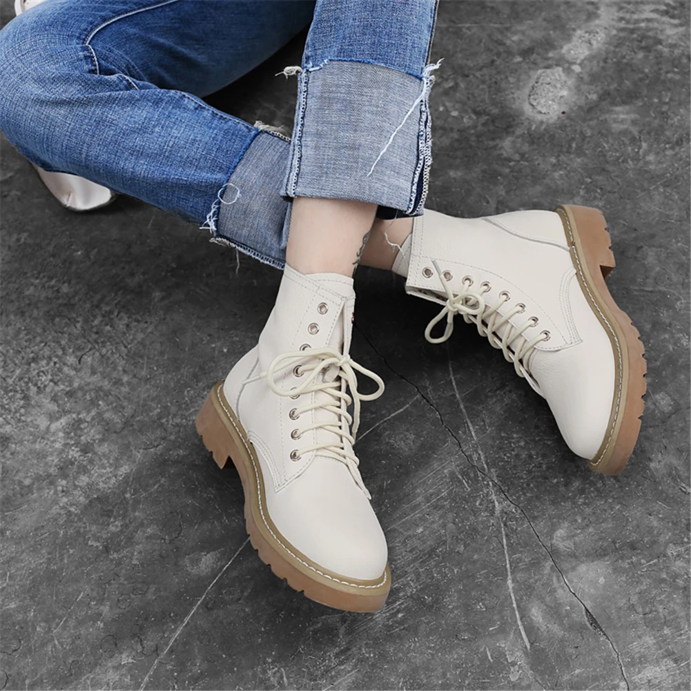 

New Genuine Cow Leather Chunky Heels Ankle Boots Woman Shoes Shoelaces Casual Shoes Woman Ankle Boots Women Shoes
