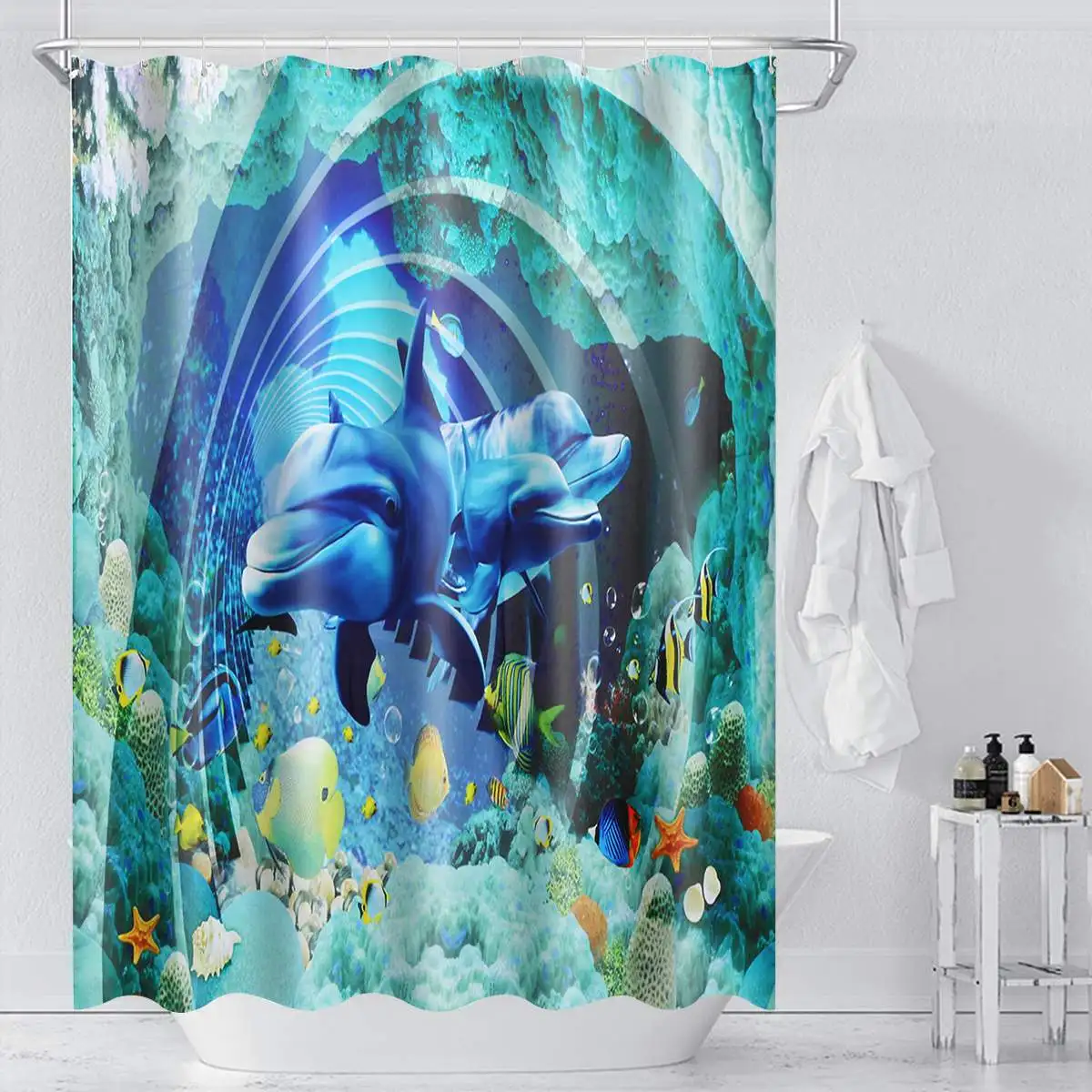 4PCS 180x180cm Waterproof Underwater World Dolphin Shower Curtain Floor Mat With 12 Hooks For Home Bathroom Tub Bathtub Decor - Цвет: Cave curtain