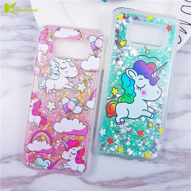 

KL-Boutiques Cartoon Case sFor Coque Samsung Galaxy S5 S6 S7 edge S8 Plus Unicorn Liquid Glitter Dynamic Phone Cover S8Plus Case