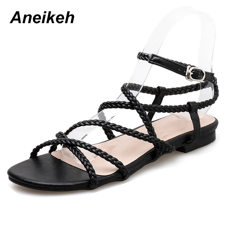 

Aneikeh 2019 Summer Nes Women's Low Heel Sandals Casual Fashion Open Toe Buckle Cross Strap Roman Style Ladies Sandals Size 4-9
