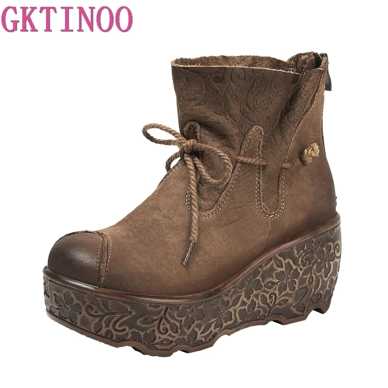 

GKTINOO 2019 Fashion Platform Boots Women Retro Autumn Genuine Leather Ankle Boots for Women Soft Shoes Ladies Wedges