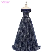 

YQLNNE 2017 Luxury Shining Evening Dresses Off the Shoulder Navy Blue Lace-Up Court Train Vestido De Festa Real Photos Gown