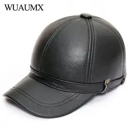 Wuaumx бренд осень-зима Коускин Бейсбол Кепки s для Для мужчин из натуральной кожи шляпа с уха заслонки Утепленная одежда из коровьей кожи
