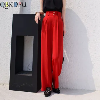 

Women Summer Wide Leg Chiffon Pants OL Elegant Long Pants 2019 Causal Loose High Waist Yellow Trousers Korean Fashion Streetwear