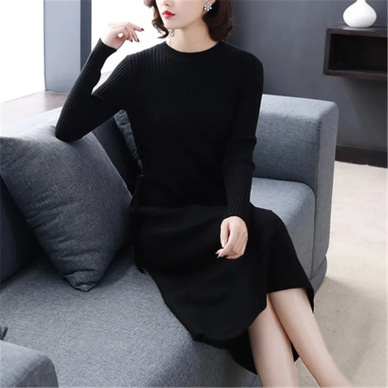Новая мода осень зима О-образный вырез длинный вязаный свитер платье женское свободное облегающее платье размера плюс пуловер Женский X126 - Цвет: black