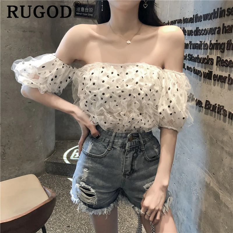 Женская блузка с открытыми плечами RUGOD элегантная сетчатая короткая в горошек