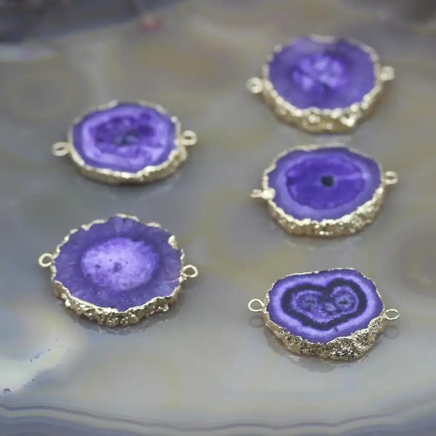 

5Pcs/lot,Gold Edges Solar Quartz Drusy Geode Slab Connectors Charms,Purple Raw Sun Flower Druzy Slice Nugget Pendants Jewelry