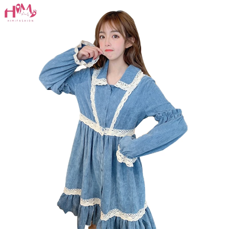 

Autumn Spring Vintage Women Corduroy Dress Japanese Harajuku Sweet Ruffles Lace Patchwork Cute Dress Loose Long Sleeve Dresses